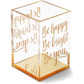 Paper Junkie Gold & Clear Acrylic Pen Holder for Desk - 2.95 x 4.45 In Gold Trim - Inspirational Quote Organizer With Affirmation - Versatile Desk Cup for Pens, Pencils, Makeup