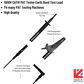 PAT TESTER EARTH BOND LEAD TEST CABLE - SUITABLE FOR SEAWARD PRIMETEST 50, 100, 250, 250+, 300 & 350 MODELS - 4MM BLACK PLUG TO PROBE/CROC CLIP