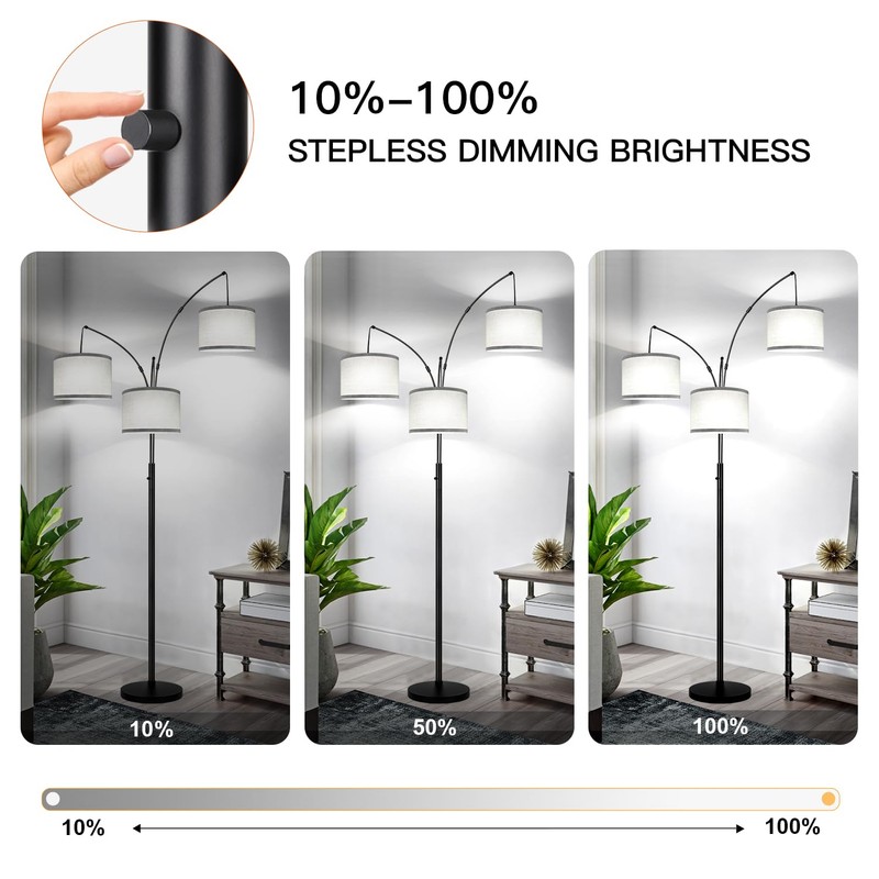 Dimmable Floor Lamp, 3 Lights Arc Floor Lamps for Living