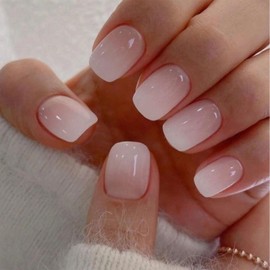 Press on Nails Short Square - Lnulyaciy - French Tip Fake Nails Full Cover Glue on Nails Ombre Pink False Nails Glossy Acrylic Nails Natural Stick on Nails Artificial Nails for Women 24 Pcs