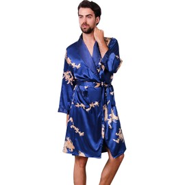 Haseil Men's Satin Robe Dragon Luxurious Silk Spa Long Sleeve House Kimono Bathrobe, Blue, Tagsize2XL=USsizeL