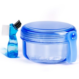 Mckkor Leak Proof Portable Denture Bath Case Denture Cleaning Cup, False Teeth Holder Mouthguard Night Guard Container Box Retainer Soaking Case for Travel, Household, Office - Transparent Blue