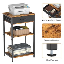 NORCEESAN Printer Stand with Storage, 3 Tier Printer Table for Small Spaces Nightstand with Fabric Drawers Office Side Table with Shelves Industrial Wood Night Stand for Home, Rustic Brown