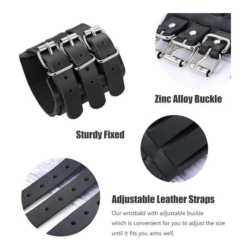 Mens Leather Wide Band Handmade Triple Strap Cuff Medieval Wrap