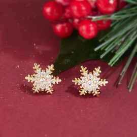 QUKE Gold Tone Snowflake Stud Earrings Cubic Zirconia Crystal Piercing Earrings Gifts for Girls Women