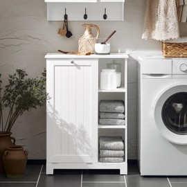 SoBuy Tilt Out Laundry Cabinet, Floor Standing Storage Cupboard with Basket Hamper Unit with Open Compartments, Bathroom White BZR105-W