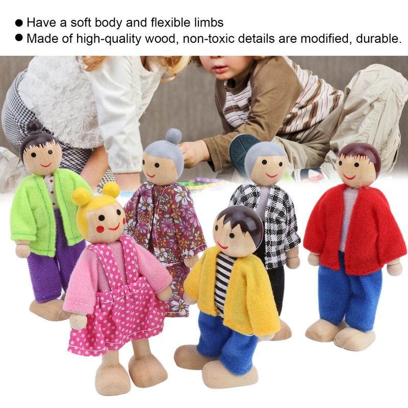 Family Doll Figures Pine Miniature People Toy Set Ornament Educational