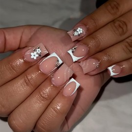 24Pcs French Tip Press on Nails Short Square Fake Nails Spring Summer Handmade False Nails with Glitter Rhinestone Design 3D Flower Nails Artificial Nails Press ons Reusable Stick on Nails for Women