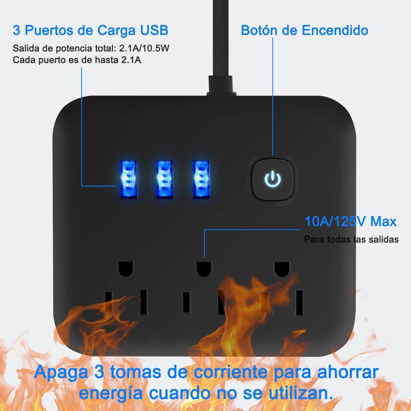 Lostrain Multicontactos USB,Regleta de Alimentación con 3 Ca(10A) y 3