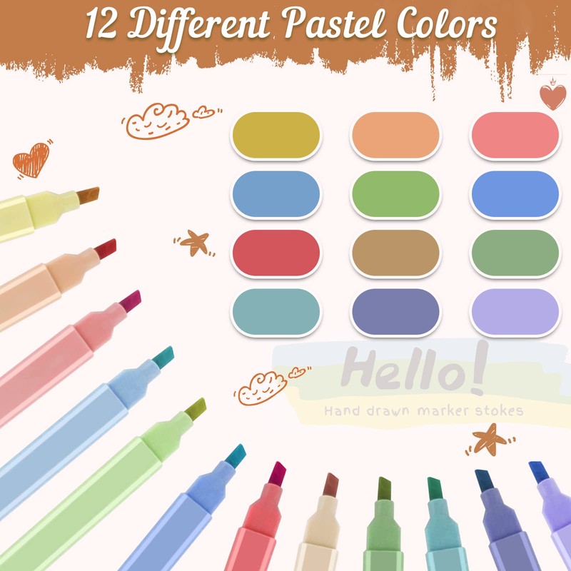 Ysimple Highlighters Pens, 12 pcs Double Ended Aesthetic Pastel Highlighter，Mild