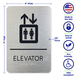 ADASigns Elevator Sign 9" W x 6" H Durable Brushed Aluminum with Grade 2 Braille - Easy Installation with Strong Adhesive Tape - ADA Compliant Elevator Signage for Office, Restaurants & Retail Stores