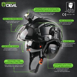 GREEN DEVIL Hard Hat Safety Helmet with Rechargeable Headlamp Light and Visor Ear Muffs Vented Work Hardhat ANSI Z89.1 Cascos De Construccion for Industrial Construction Forestry