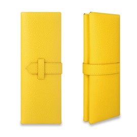 COGURE COPEN Pencil Case, Genuine Leather, Simple, Stylish, Unisex, Gift Box Included, Yellow + Vivid Pink, double