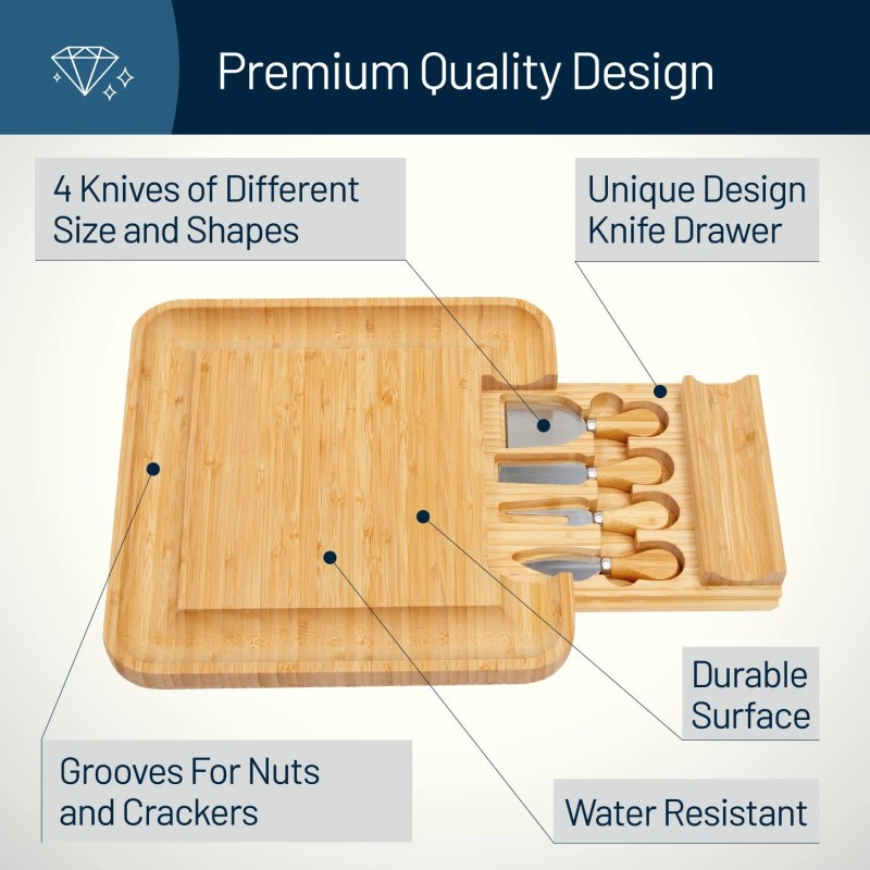RoyalHouse Bamboo Cheese And Charcuterie Board With Slide Out Knife