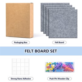 4 Pack Cork Board Tiles 12x12 Inches, 1/2" Thick Felt Cork Squares with 30 Push Pins, Bulletin Board Pin Board, Adhesive Cork Board for for Wall for Home, Office, and Kitchen (Gray)