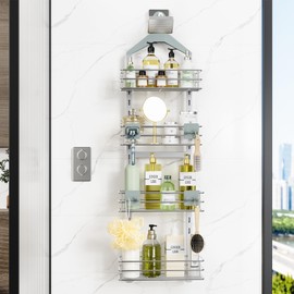 Orimade 4 Tier Adjustable Anti-slip Shower Caddy over Shower Head,Rustproof Bathroom Hanging shower Organizer with 4 Hooks for Razor,No Drilling Shower shelves Storage Rack,Silver