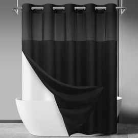 SORTTO SORTTO No Hook Slub Textured Shower Curtain with Snap in Liner - Black Fabric Outer Curtain & Waterproof Inner Liner, Hotel Style with See Through Top Window, 71x77 in