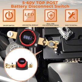 ISINFLASH Top Post Battery Disconnect Switch with Voltmeter, DC 5-60V Battery Kill Switch On/Off Battery Power Cut Master Switch Disconnect Isolator for Car, Marine, Boat, RV