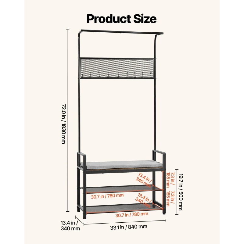 72-Inch Freestanding Coat Rack with Shoe Bench 2-Tier Storage Organizer