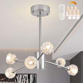 Bagood 27.5" Nickel Sputnik Chandeliers 6 Lights Branch Chandelier Modern Sputnik Light Fixture Modern Crystal Chandelier Contemporary Branches Chandeliers for Bedroom(Dimmable Bulb & Remote Incl)