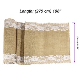 JOIKIT 10 Pack 12 x 108 inch Burlap Lace Table Runner, Rustic Natural Jute Wedding Table Runner Decoration with White Lace for Country Wedding Party Dinner Thanksgiving Christmas