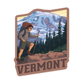 Die Cut Sticker Vermont, Hiker and Mountain Scene, Vinyl Sticker 3 to 6 inches, (Waterproof Decal for Cars, Water Bottles, Laptops, Coolers), Large