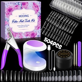 MOOING Nail Tips and Glue Gel Kit, 504 Fake Nails Tips Coffin, Fake Nails Tips Starter Set, 11 Sizes Fake Nails Transparent, Glue Gel Nail Kit with Mini Nail Lamp, Nail File, Nail Clippers