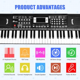 24HOCL Kids Piano Keyboard, 61 Lighted Keys Electric Digital Keyboard Piano Kit 100 Voices, 100 Rhythms with Microphone, Gift for Children, Black