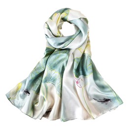 ANDANTINO 100% Mulberry Silk Long Scarf for Women Large Shawls for Headscarf and Neck- Oblong Hair Wraps with Gift Packed(Light Green&White Lotus)