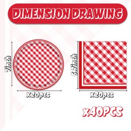 Egami 40pcs Red and White Checkered Party Supplies,include 20 Dessert plate and 20 Napkin,Red and White Party Plate Napkin Set,Used for Red Checkered Party Decoration (red and white 3)