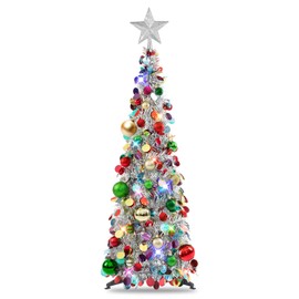 N&T NIETING Pop Up Christmas Tree with Lights & 25 Balls, 3Ft Collapsible Silver Mix Tinsel Christmas Tree Decorations, Pencil Christmas Tree Skinny Christmas Tree for Holiday Xmas Home Office Decor