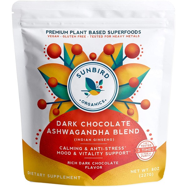 Dark Chocolate Ashwagandha Powder Superfood Drink & Smoothie Mix with Probiotics, Organic Ashwagandha Root Extract, Cacao Powder & Prebiotics. Anxiety Relief, Stress Relief. Made in USA