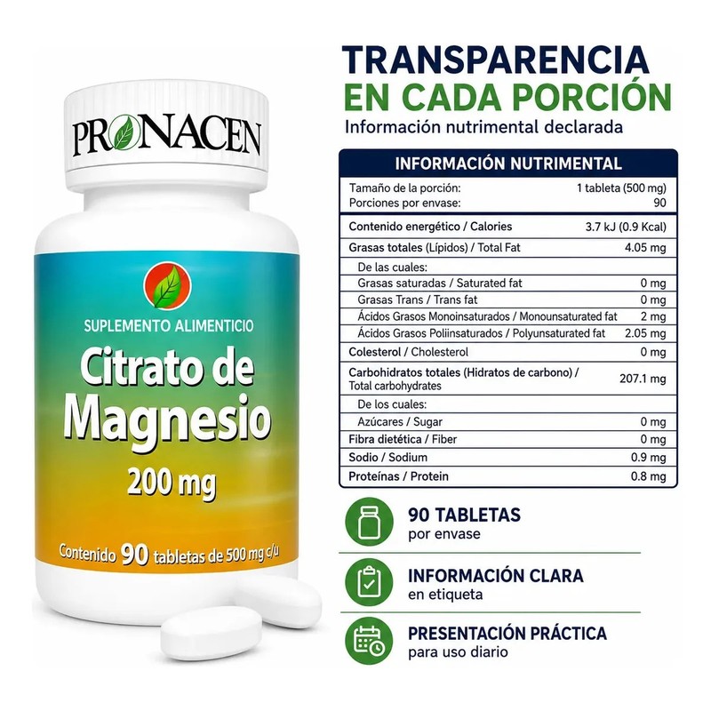 Citrato de Magnesio Pronacen en Tabletas de 500 mg, Suplemento