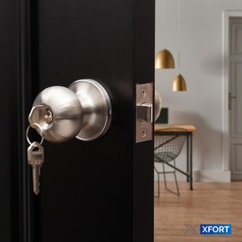 XFORT Bello Entrance Knob Set Satin Chrome, Door Knob with Lock for Internal Wooden Doors, Complete Set with Tubular Latch and 3 Keys