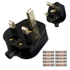 HUAREW 2 x 13A Fused Mains Plug with Cable Handle for UK Fuses - Black