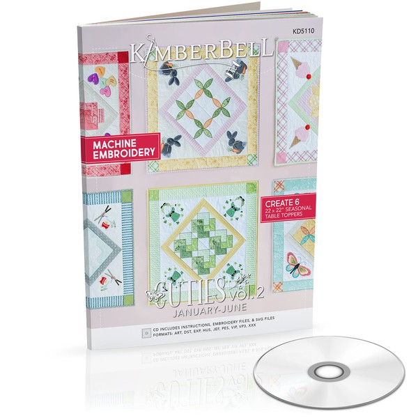 Kimberbell Table Toppers - Cuties Vol. 2 Machine Embroidery CD and Book, Designs for 6 (22" x 22”) Embroidery Table Toppers, Jan - June Home Decor Design Patterns
