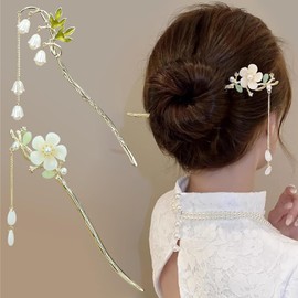 YIHECWY 2 Pcs Chinese Tassel Hairpin Pearl Flower Vintage Metal Hair Chopsticks Chinese Tassel Headwear for Women and Girls Dangle Tassel Pendant Hair Accessories Hanfu Handmade Decor Hairpin