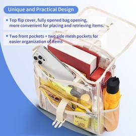 Mildbeer Clear Stadium Backpack for Sports Events & Concerts - 12x12x6 Compact PVC Flap Backpack with Multi-Pocket Design, Beige