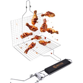 Mountain Grillers BBQ Grill Basket - Stainless Steel Outdoor Grilling Rack for Fish, Vegetable, Chicken and Others - Charcoal Grill Tray Basket with Wooden Handle - Tools for Cooking Grilled Barbecue
