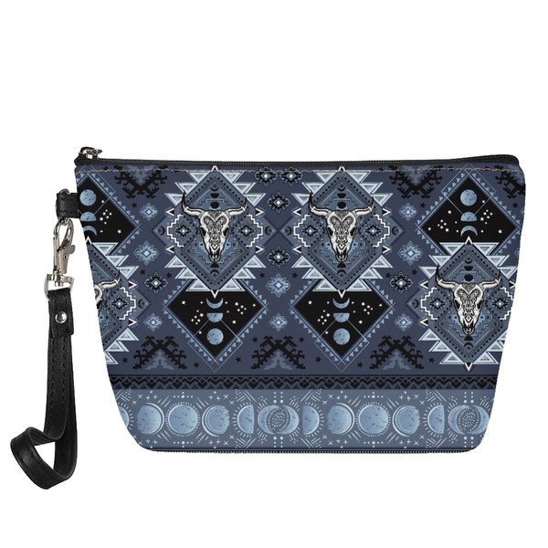 PIHNSDUA Aztec Small Makeup Bag Indian Tribal with Skulls Travel Cosmetic Bags Water Resistant PU Leather Small Zip Pouch with Wrist Strap for Women Gifts