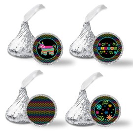 Pinata Hittin’ Neon Fiesta Themed Kiss Sticker Labels, 300 Party Circle Sticker Sized 0.75” for Chocolate Drop Kisses by AmandaCreation, Great for Party Favors, Envelope Seals & Goodie Bags