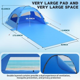 Beach Tent Sun Shelter with Extended Sand Mat 114×82inch，UPF 50+ Protection, 3 Double-Layer Windows for Enhanced Privacy; Portable Beach Shade, 3-4 People. Windproof and Waterproof