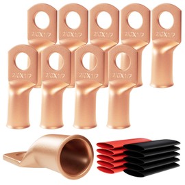 10pcs 2/0 Aw(00 Guage) - 1/2" (M12) Sanuke Wire Lugs Ring Terminal Connectors Ends Heavy Duty for Battery Cable Lug Wire Electrical Eyelets with 3:1 Dual Wall Adhesive Heat Shrink