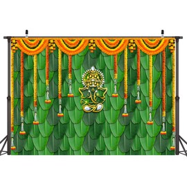 Wollmix Pooja Backdrop Decoration Cloth Items Indian Ganpati Puja Traditional Chatiya Ganesh Mehndi Photography Background Festival Wedding Party Marigold Garlands Photo Booth Props Banner 7x5ft