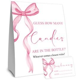 Guess How Many Game - Pink Bow Candy Jar Guessing Game, Pink Bowknot Theme Party Games for Weddings Birthdays & More (1 Sign & 50 Cards) -08