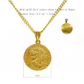 LINLINCHIC 18K Gold Plated Jesus Coin Necklace, Christian Prayer Pendant Necklace for Men Women Religious Necklace