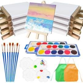 32Pcs Mini Canvas and Easel Set, XingyLi 8 Small Canvas Art Boards with 8 Artist Triangle Easels, 8 Paint Brushes, 4 Paint Palette, 2 Painting Apron and 2 Watercolour Paint, Canvas Painting Stand Kit