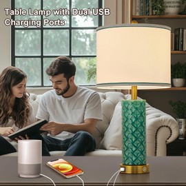 bdayanx Set of 2 Table Lamp for Living Room Bedroom Farmhouse,26'' Touch Control Bedroom Turquoise Ceramic Lamps 3-Way Dimmable Bedside Lamps with USB A+C Ports Linen Shade for Home