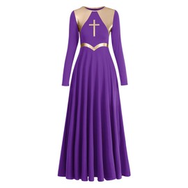 Women Metallic Cross Liturgical Praise Dance Dress Lyrical Dancewear Color Block Full Length Robe Worship Costume Purple + Gold Cross XL