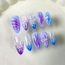 Thick Press on Nails Handmade Nails Medium Almond Nails Aurora Purple Fake Nails with 3D Flower Art Design Reusable Acrylic False Nails with Glue, Nature Stick on Nail for Wome (Size S)